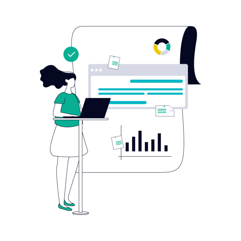 illustration of a product manager at a standing desk with documents and charts in the background