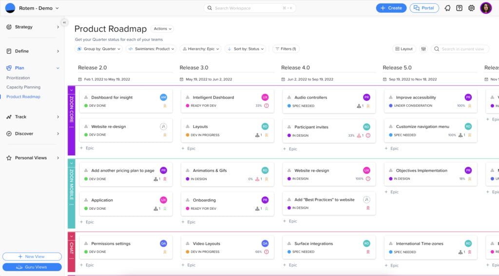 Craft.io review showing the product roadmap interface