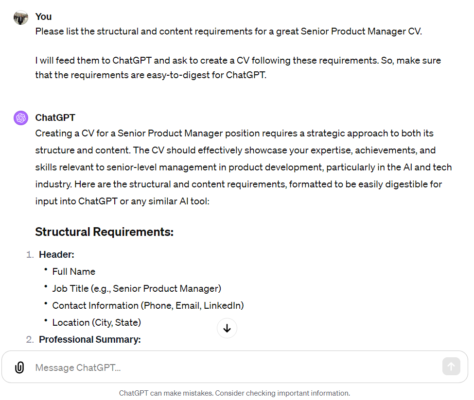 ChatGPT output for Senior Product Manager resume requirements.